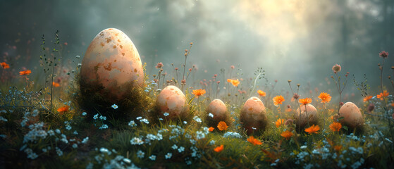 Obraz na płótnie Canvas Group of Eggs in a Field of Flowers