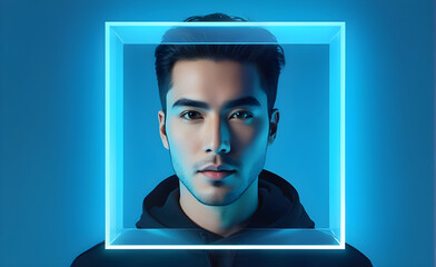 Portrait of an man centered within a translucent blue square frame, simplistic backdrop, minimalistic style, digital painting. Generative AI
