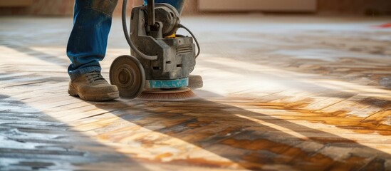 Skilled carpenter using floor sander on wooden parquet floor in new house.