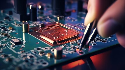 Soldering the computer chip on circuit board. Generate AI image