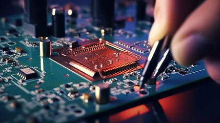Deurstickers Soldering the computer chip on circuit board. Generate AI image © Ghiska