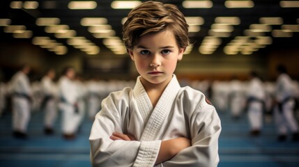 Confident young child with a serious expression in a dojo wearing a white karate gi.