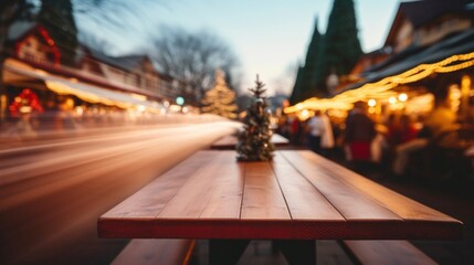 Obraz premium A blurred view of a lively Christmas market, with a clear focus on an empty table in the foreground.