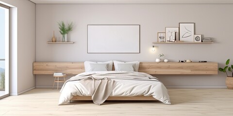 Minimalist Scandinavian interior in beach-themed apartment with a beige bedroom and simple decor.