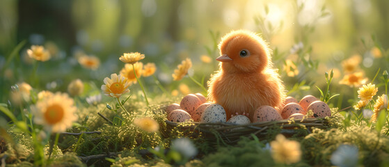 Small Chicken Sitting in Grass Next to Eggs