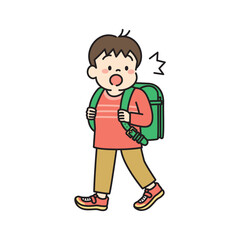 ランドセルを背負って通学中、何かに気がついた男の子のイラスト