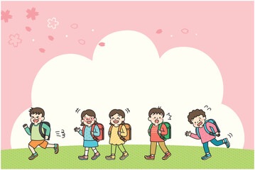 桜の下を楽しそうに通学する小学生の背景素材