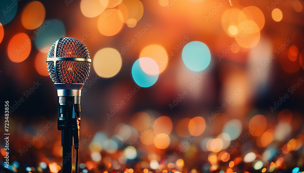 Poster bright microphone shines on singer in dark performance space generative ai