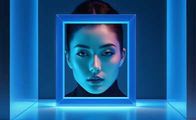Portrait of an woman centered within a translucent blue square frame, simplistic backdrop, minimalistic style, digital painting. Generative AI
