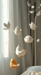 Delicate White Birds baby mobile Hanging Above Window