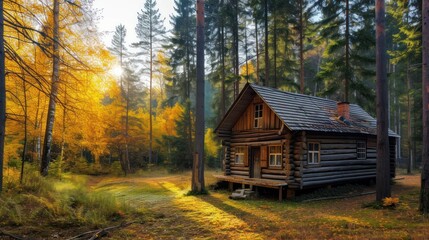 A rustic wooden cabin surrounded by tall trees in early autumn colors