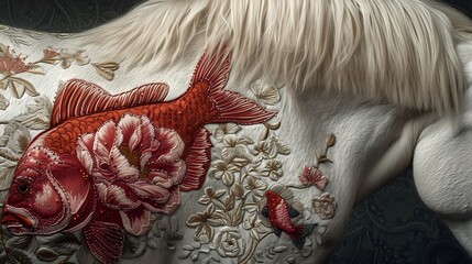 white horse with Chinese traditional decoration, auspicious element for Chinese new year - obrazy, fototapety, plakaty