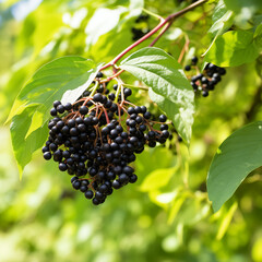 close-up of a fresh ripe elderberry hang on branch tree. autumn farm harvest and urban gardening concept with natural green foliage garden at the background. selective focus - obrazy, fototapety, plakaty
