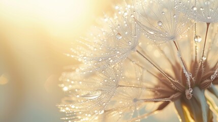 Close-up of a delicate dandelion with dewdrops, soft morning light