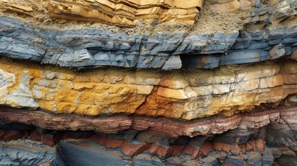 Close-up of a rock formation showing layers in various shades of earthy colors