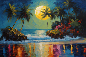 Fototapeta na wymiar the Palm and tropical beach, sunset landscape