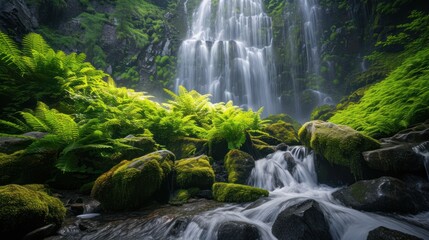 Naklejka na ściany i meble Majestic waterfall cascading over rocks, surrounded by vibrant moss and ferns