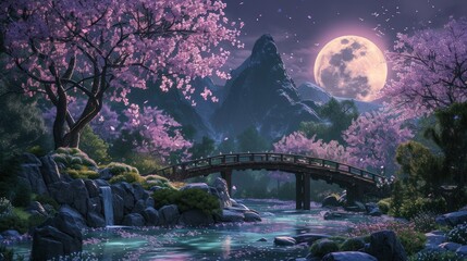Moonlit night in a blooming cherry blossom garden, a small bridge over a stream - obrazy, fototapety, plakaty