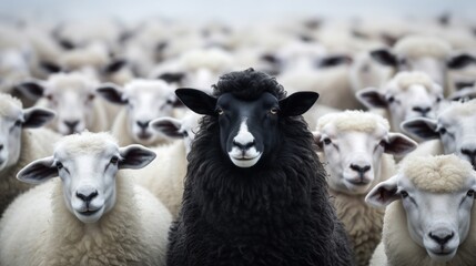 Obraz premium A stark black sheep looks directly at the camera, standing out among a flock of white sheep in a field.