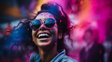 Exuberant young woman with sunglasses celebrating, covered in vibrant paint splashes at a lively festival.