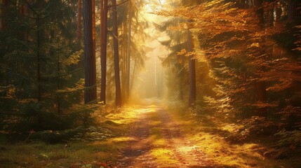 Path through a dense forest with sunlight casting warm tones on the foliage
