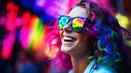 A smiling young woman with vibrant rainbow-colored hair wearing reflective sunglasses against a blurred neon background.