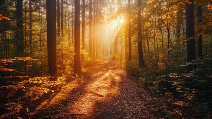 Fototapeta premium Path through a dense forest with sunlight casting warm tones on the foliage