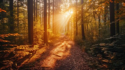 Path through a dense forest with sunlight casting warm tones on the foliage