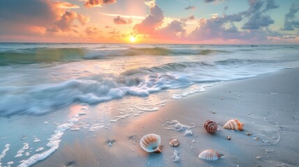 Serene beach scene with gentle waves, seashells in the sand, sunset colors