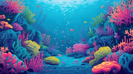 Stylized vector art of an underwater coral reef, showcasing colorful corals, fish, and marine life, emphasizing organic underwater shapes
