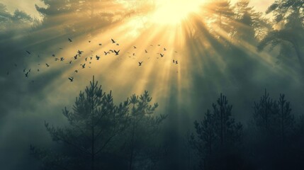 Sunrays piercing through a misty forest at dawn, birds flying in the distance - obrazy, fototapety, plakaty