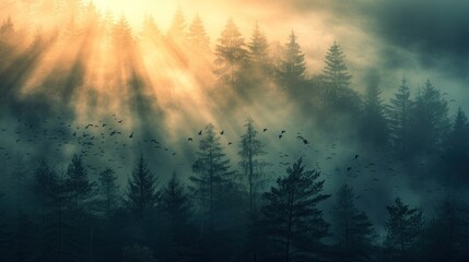 Sunrays piercing through a misty forest at dawn, birds flying in the distance