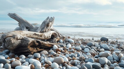 Tranquil beach scene with driftwood and pebbles in natural, muted colors - obrazy, fototapety, plakaty
