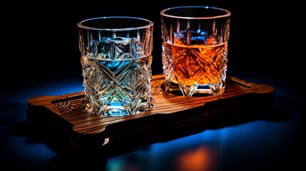 Fototapeta na wymiar Two crystal whiskey glasses on a wooden tray with dramatic blue backlighting.