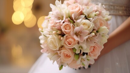 A bridal bouquet featuring a delicate arrangement of soft colored roses and flowers.