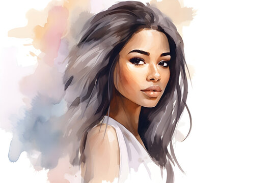 Watercolor painting of a modern young African black long hair woman with copy space on white background
