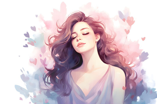 Watercolor young beautiful sexy woman girl with closed eyes and hearts painting background design