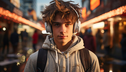Fototapeta premium Young adult man in casual clothing, smiling, listening to headphones generated by AI