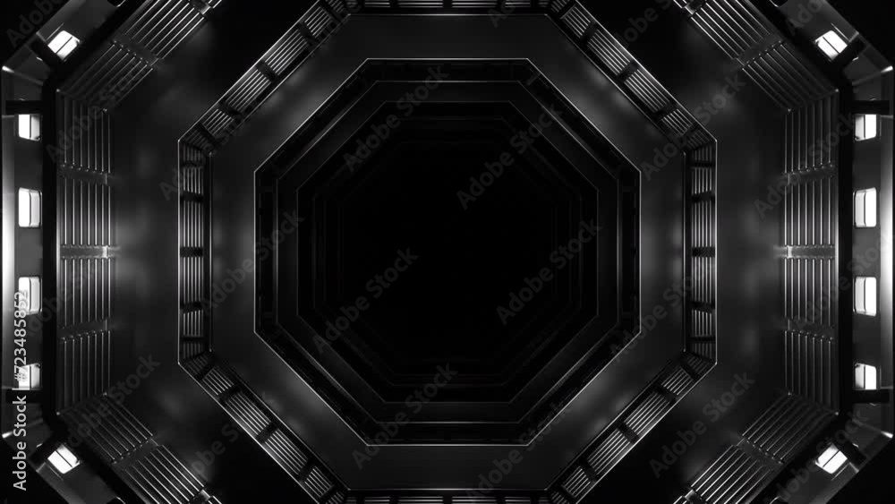Aufkleber movement in geometric 3d spaceship tunnel. design. geometric 3d tunnel of space ship model. metal wa