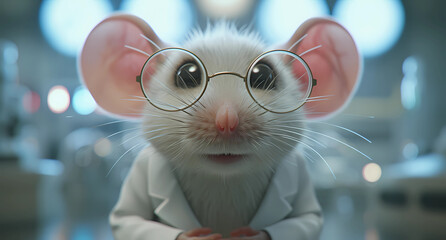 a mouse in a lab coat and glasses standing