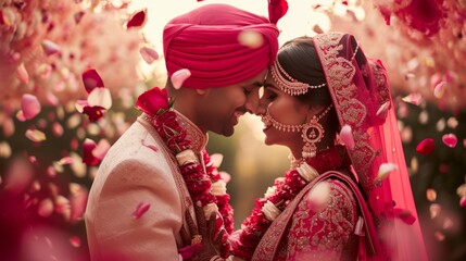 a cute beautiful asian indian couple cuddling hugging and kissing each other on a romantic day at valentines day 14th february during wedding. wallpaper background - obrazy, fototapety, plakaty