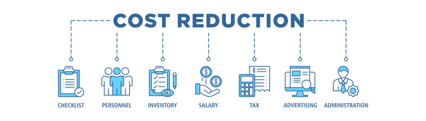 Cost reduction banner web icon set vector illustration concept with icon of checklist, personnel, inventory, salary, tax, advertising and administration and easy to edit