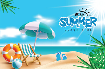 Summer hello text vector design. Hello summer greeting text beach time with chair, lifebuoy, umbrella and beachball elements in beach seaside background. Vector illustration hello summer greeting  © AmazeinDesign