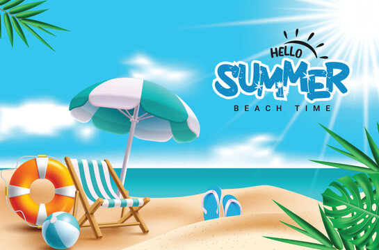 Summer hello text vector design. Hello summer greeting text beach time with chair, lifebuoy, umbrella and beachball elements in beach seaside background. Vector illustration hello summer greeting 