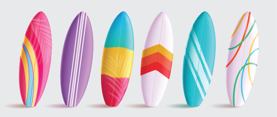 Summer surfboard vector set design. Summer surfboard in colorful pattern for water, sea and ocean surfing activity collection isolated elements. Vector illustration surfboard realistic collection. 
