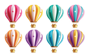 Summer air balloon vector set design. Summer hot air balloons colorful collection for travel, tour and inflatable transportation isolated objects. Vector illustration hot air balloon collection.

