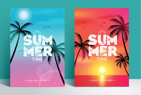 Summer time text vector poster set design. Summer time tropical season collection in daytime sunny day and night time background collection. Vector illustration summer time flyers and brochure collect