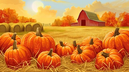 Vibrant orange pumpkins of various sizes dominate the foreground in a pumpkin patch, with a classic red barn and haystacks completing a picturesque, clear autumn farm setting.