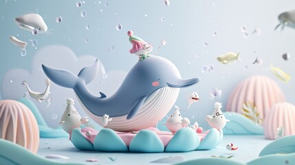 Obraz premium A comical scene of a whale ballerina struggling to balance on her tail while her friends applaud and cheer her on.