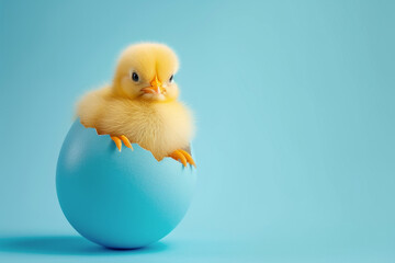 Cute yellow chick hatching from cracked egg on blue backdrop. Easter and new life concept - 723487649